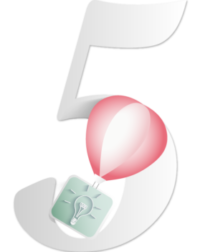Methodologie-05 Chiffre 5 gris discret, il illustre la livraison du projet par une montgolfière de papier rose. Elle transporte l'idée en forme d'ampoule dans un carré vert